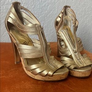 Michael Kors Metallic Gold Strappy Platform Heels with Front Zipper
